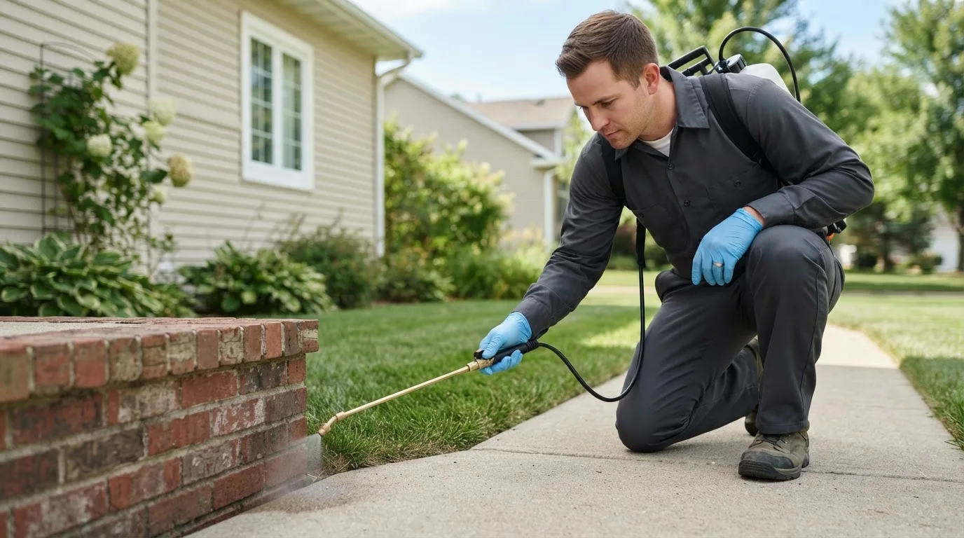 Pest control technician treating a home near Dunnsville, VA